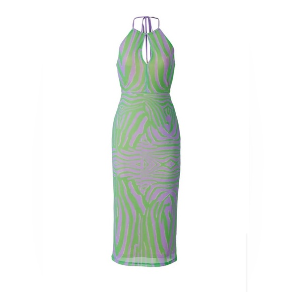 AFRM Kalina Halter Top Dress Green Purple Zebra size medium - Picture 3 of 15